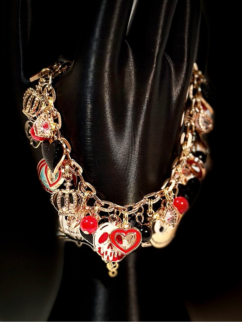 Gold Tone Jack and Sally Halloween Charm Bracelet